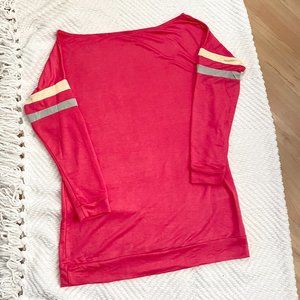 White Birch Pink Varsity Stripe, Wide Neck, Long Sleeve Tee, Medium